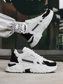 Men's Breathable Sports Casual Shoes With Thick Platform, Mesh Upper And Versatile Dad-Style - Black and White - View 4