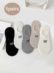 5pairs Women Sweet Bowknot Simple Boat Socks Invisible Socks - Butterfly Embroidery - View 1