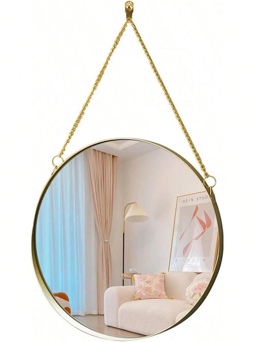 Redondo de Pared sin Agujero Vintage Dorado Redondo de Pared, Espejo de Cadena Colgante Multiusos para baño, Dormitorio, salón, etc, Decorativo clásico (Grande) - 40L x 25,5A cm - Ver 1
