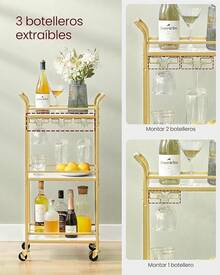 VASAGLE Carrito de 3 Niveles, Carro de Cocina Dorado, para Espacios Pequeños, con Ruedas, con Pasamanos, Cocina, Comedor, Baño, Salón, Bar, Negro Tinta MLRC101B01 - Dorado Pálido - Ver 4