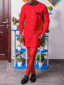 Men's Casual Long-Sleeved Two-Piece Suit, Mid-Length Top And Trousers - Red - View 2