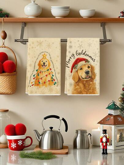 2 件白色圣诞快乐可爱金毛猎犬图案精致金毛猎犬厨房毛巾带圣诞灯农舍装饰手巾茶巾厨房擦碗布节日派对用品乔迁礼物浴室毛巾适用于厨房餐桌