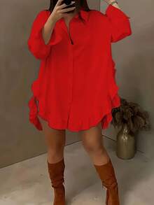 Elegant Women's Casual Long Sleeve Shirt, Ruffled Hem, Loose Fit, Woven Fabric, Suitable For All Seasons, Daily Wear - 紅色 - 查看 7