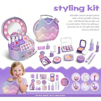 Conjunto de 17 brinquedos de maquiagem para crianças, lavável, sem líquido, sem pintura ou cor, kit de maquiagem de princesa para presente para meninas, adequado para crianças de 3 anos ou mais, simula apenas a aparência da maquiagem