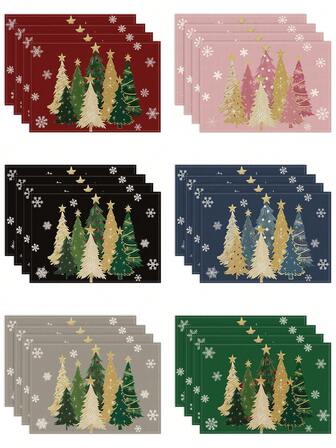 1/4/6pcs Christmas Placemat, Christmas Tree Snowflake Bell Print Pattern Table Mat, Christmas Party Gathering Table Anti Slip Insulation Mat, Party Gathering Decoration Restaurant Kitchen Placemat, Exquisite Christmas Gift Placemat