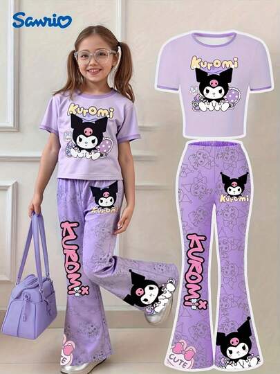 Sanrio 2pcs Sanrio Kuromi Girls Bow Decor Round Neck T-Shirt + Slim Flare Pants Set