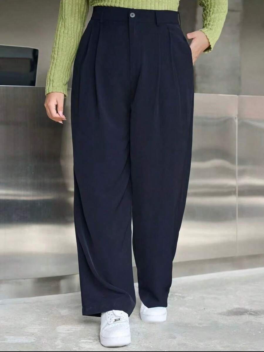 Calça Reta Solta De Cor Sólida Plus Size Com Bolsos Estilo Versátil Social Feminina Pantalona De Terno - Azul Marinho - Visão 1