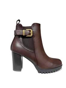 KESCA Boots Stivaletti bassi da donna, stivaletti autunno-inverno da donna con plateau - Tacco alto e spesso, design  con cerniera interna, elastico e fibbia - Castano - Visualizzare 3