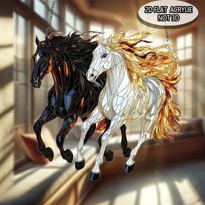 2D 平面 1 件奔腾骏马亚克力太阳捕手（8 英寸 X 8 英寸），窗户太阳捕手，送给女士的马匹礼物，乔迁礼物，马匹派对装饰，墙壁花园门廊卧室办公室厨房家居装饰户外露台装饰