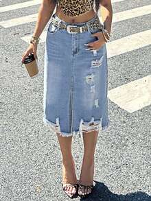 Gonna di jeans mini estiva casual con orlo sfrangiato e rovinato