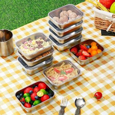 Stainless Steel Lidded Sealed Food Storage Containers Made From Materials, These Stackable Containers Are Easy To Store. Ideal For Outdoor Picnics, Organizing Refrigerator Storage, And Portioning Ingredients To Preserve Freshness. They Lock In Flavor And Prevent Odors From Mixing, Making Them A Practical Helper For Both Kitchen Use And Travel.