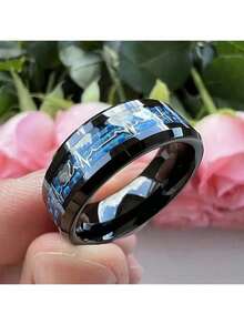 1 Pc 8MM Fashion Stainless Steel Rings For Men Charm Carbon Fiber Heart Electrocardiogram Men Rings Jewelry Accessories Birthday/Anniversary/Holiday Gifts For Him Everyday Jewelry, Elegant Accessory - 黑色 - 查看 4