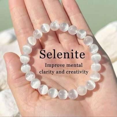 1pc Selenite Beads Bracelet - 8mm Round Crystals Stretch Gemstone Bracelet, Clarity, Creativity, Healing Protection Jewelry