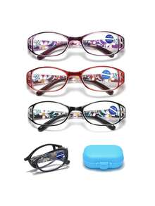 3Pcs Portable Folding Reading Glasses For Women,Oval Frame, Light Eye Glasses,Women's Office Magnification Readers, For Women Men - Casual Chic Lightweight,Flower Printed, Computer&Daily Use,1.0 To 4.0