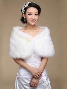 1 件新娘披肩，蓬松温暖的红色和白色婚纱毛皮披肩，配珍珠水钻，秋冬 - 米色 - 查看 3