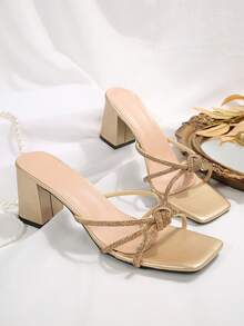 水钻厚高跟拖鞋，法式水钻闪亮凉鞋，新款女鞋，派对鞋，夏季户外装，搭配连衣裙，百搭优雅 - 金色 - 查看 4