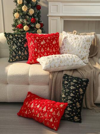 1pc Christmas Tree Golden Foil Pillow Case, 45*45cm/17.71*17.71in, 30*50cm/11.81*19.68in, Plush Christmas Themed Golden Foil Throw Pillow Cover, Add Holiday Vibe And Create A Cozy Corner