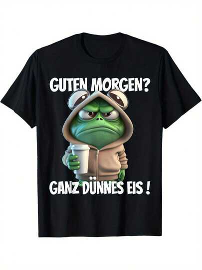 Herren T-Shirt Mit Lustigem Deutscher Spruch - Guten Morgen Sehr Dünnes Eis! Frosch Grafik Shirt In Grüntönen & Deutscher Schrift, 100% Baumwolle Casual Hemd Für Freizeitlook, Partys, Geschenke – Humorvolles Präsent Für Dammen  Herren (Schwarz Mit Weißem Druck) – Lustiges Sprichwort Design Vintage Look Spielerisches Frog Motiv Rundhals Kurzarmshirt Ideal Im Sommer U. Ganzjährlich Bohemian Style Perfekt DJs Musikliebhabern