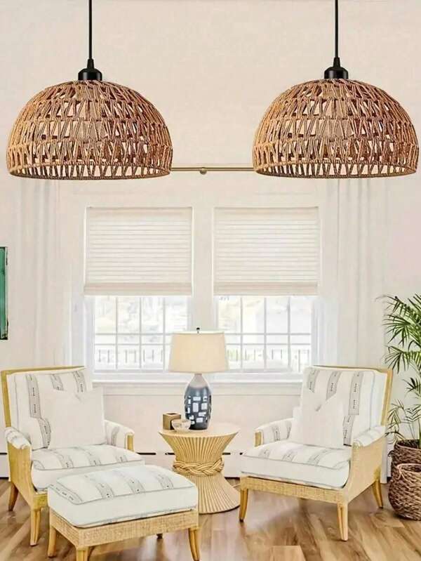 2 Pieces Set Of Handmade Woven Natural Paper And Metal Lampshades - Rustic Farmhouse Style Large Round/Oval Iron Frame, E27 Screw Base, Easy To Install, Suitable For Living Room, Bedroom, Cafe, Dining Area - Modern Bohemian Home Decor Lighting, Pendant Lamps, Living Room Lampshade, Vintage Lampshade, Ceiling Light Fixture