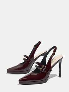 Jin Bei Qi Pantofi cu toc înalt pentru femei, cu platformă înaltă, vârf ascuțit, piele lăcuită de culoare uni, cataramă cu o singură curea, sandale stiletto pentru petreceri în aer liber, pantofi eleganți la modă pentru ocazii formale, petrecere, banchet, roșu vin