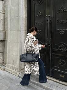 奢华女士豹纹仿皮草外套，翻领长袖及膝加厚柔软保暖内衬冬季夹克 - 斑點 - 查看 10