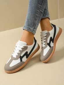 女士系带休闲运动鞋，平底户外跑步鞋，春秋季 - 米色 - 查看 3