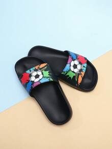 Kids' Fashion Slippers, Minimalist Cartoon Football Non-Slip Soft Bottom Lightweight Boys' Home & Casual Sandals - Black - View 16