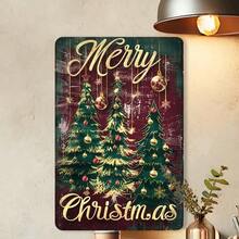 Décoration murale en métal d'arbre de Noël vintage 2D plat - Lettrage de Joyeux Noël orné élégant en or et rouge avec un sapin vert foncé - Décoration intérieure/extérieure en aluminium robuste pour la maison, la ferme, le bureau - Matériel de montage facile inclus - Cadeau de fête parfait - Impression 2D plate rétro avec boules dorées et lettrage cursif - Panneau carré festif monté au mur pour les décorations de Noël, 2D plat, panneaux en métal