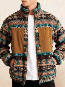 Modcrash Men Stand Collar Corduroy Jacket, Fleece Patchwork Zip Up Coat With Pockets, Autumn Winter Casual Outerwear Fall/Autumn/Winter - Multicolor - View 7