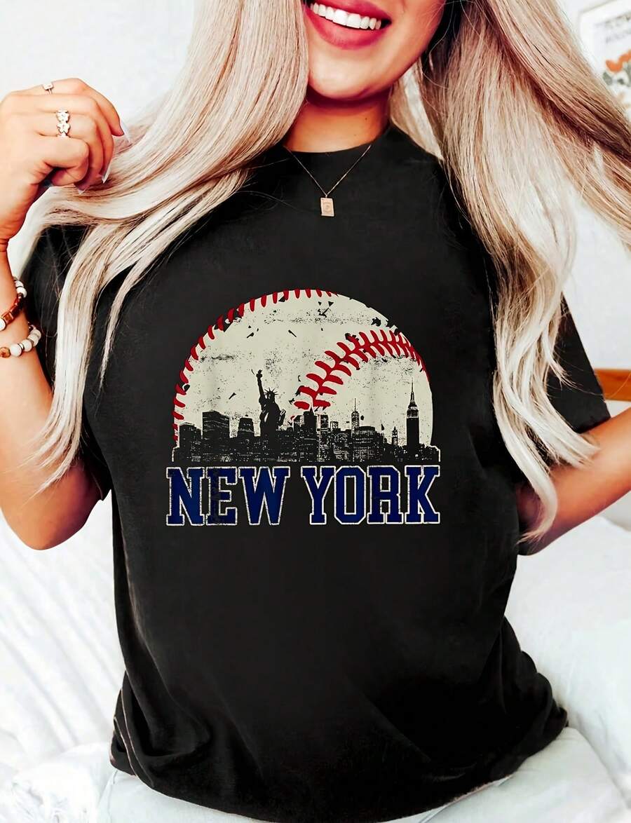 Camiseta divertida 100% algodón negro para mujer, camiseta gráfica con diseño retro de béisbol de Nueva York para amantes del béisbol, camiseta casual de cuello redondo de manga corta, camiseta de alta calidad de 220g con impresión minimalista, tops de disfraces de Halloween para mujer - Negro - Ver 1