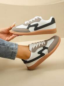 女士系带休闲运动鞋，平底户外跑步鞋，春秋季 - 米色 - 查看 2