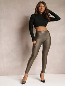 Imitation Leather Leggings With Push Up Effect - Green - View 2