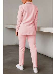 Elegante conjunto de traje azul de manga larga para mujer con cuello chal pantalones largos y detalles de botones - Rosa Pálido - Ver 4