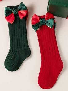 2 Pairs/Set Baby Girls' Autumn/Winter Soft Cute Big Bow Over-The-Knee Long Christmas Socks, Red Newborn Socks Suitable For 0-3 Years Old - Multicolor - View 1