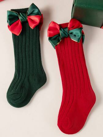 2双/批 女婴袜子 秋冬儿童大蝴蝶结及膝长筒柔软可爱儿童圣诞袜 红色新生儿袜子 适合0-3岁
