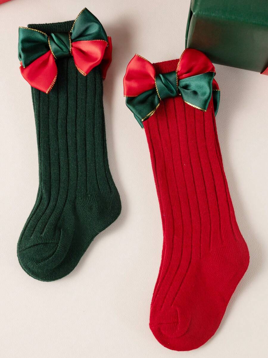 2 Pairs/Set Baby Girls' Autumn/Winter Soft Cute Big Bow Over-The-Knee Long Christmas Socks, Red Newborn Socks Suitable For 0-3 Years Old - Multicolor - View 1