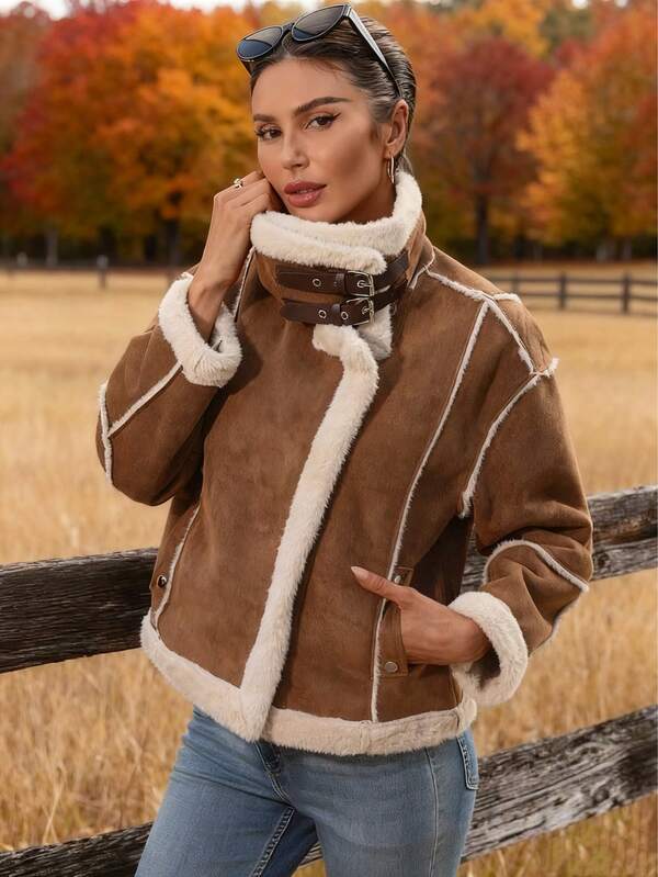 Women's Fashionable Faux Suede Thermal Lined Short Winter Jacket, With Furry Trim Collar, Long Sleeves, Button Closure, Regular Length, With Pockets