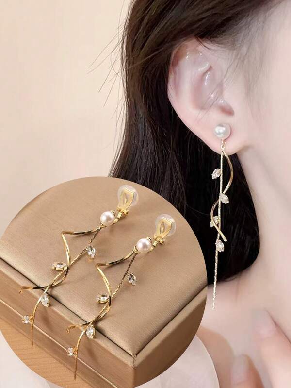 1 Pair Fashion Faux Pearl Long Tassel Clip-On Earrings, Elegant Personalized Mosquito Coil Clip Earrings Without Piercing, Suitable For Women Daily Wear And Holiday Gifts