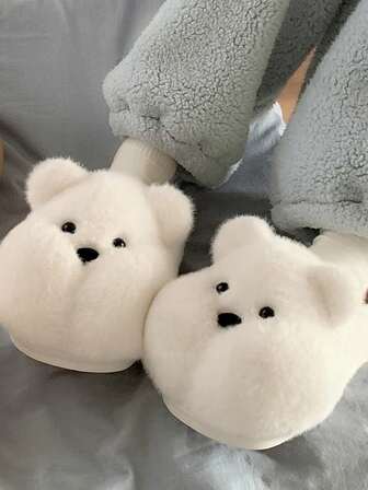 Women's Casual White Bear Design House Slippers, Non-Slip, Warm, Thick Sole, Comfortable Soft Bottom, Suitable For Spring, Autumn And Winter