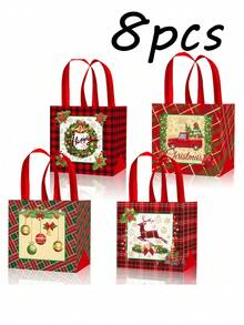 4/8pcs Large Christmas Party Bags, Reusable Red & Black Plaid Non-Woven Fabric Bags, Gift Bags With Handles, Christmas Party Supplies, 12.8*9.8*6.7 Inches
