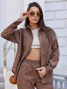 Oversized Corduroy Sports Suit With A Shirt ,Two Pieces Corduroy Lapel Collar Set - Button-Front, No-Elasticity, Solid Brown Outwear & Jogger Pants,All-Season Versatile Blouse , Polo Collar Style, Perfect For Casual Attire, Ladies Blouses, Casual Wear For Women