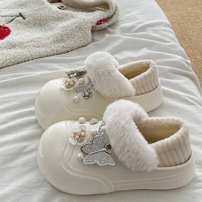 Elegant Pearl Butterfly Thick Sole Slippers For Women, Detachable Warm Plush Indoor/Outdoor Wear, Autumn/Winter (If The Shoe Face Accessories Are Not Installed, The Accessories Need To Be Installed By Yourself)