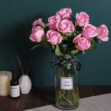 10pcs Pink Artificial Roses, Flowers Valentine's Day Bundle Decoration Wedding Decoration Bride Handheld Flower Wrist Flower Breast Material Home Dining Room Bedroom Vase Decoration Flower Bundle DIY Birthday Party Cake Material Valentine's Day New Years Gifts Material Shooting Props,Vase Decoration,New Year Decoration