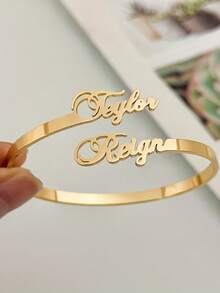 1 pieza Pulsera personalizada con 2 nombres, brazalete para mujeres y hombres, brazalete abierto en forma de corazón C, brazalete de acero inoxidable con nombre personalizado, brazalete ajustable de 3 mm chapado en oro de 18k