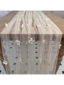 Elegant Floral Faux Pearl Tulle Table Cloth With Faux Pearls - Sheer Mesh Fabric, Suitable For Wedding, Bridal Shower And Romantic Valentine's Day Table Decor ,Valentine's Day ,Valentines Decorations ,Valentines Gifts Party Favors Room Decor Bride Birthday Graduation Birthday Decorations Party Decorations Bachelorette