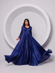 Long Dress Puff Sleeve Graduation Party Wedding Bridesmaid Guest - 藏蓝色 - 查看 1