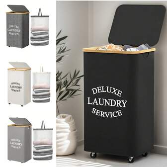 1pc 90L Printed Luxury Laundry Basket With Wheels / 110L Printed Laundry Basket With Wheels And Lid (Bamboo Handle), Large Capacity Freestanding Rolling Dirty Clothes Basket, Multifunctional Storage Basket For Clothes, Toys - Smooth Swivel Wheels, Fashionable Printed - Bathroom, Bedroom, Laundry Room, Dorm, Home Decor Organizer