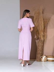 Long Dress With Short Sleeves With Belt Formal And Evening V775 - Baby Pink - View 4