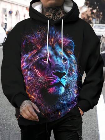 男士 3D 印花时尚新颖图案连帽长袖运动衫，秋冬男士套头连帽衫，带抽绳和口袋