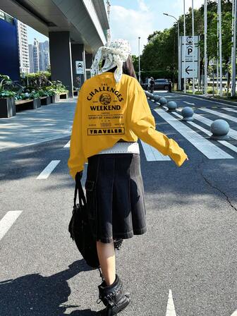 Letter Print Yellow Long Sleeve T-Shirt For Women, Vintage Street Style Casual Unique Niche Top, Autumn